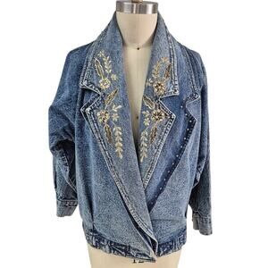 Vtg 80s 90s Pretty Bleu Metallic Gold Embroidery Double Breasted Denim Jacket  M